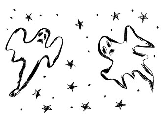 A black outline of flying ghosts on a white background