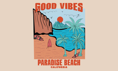 Good Vibes summer time Paradise Beach for design t-shirt, Palm tree with mountain colorful artwork.  Editable vector print. Beach t-shirt artwork
