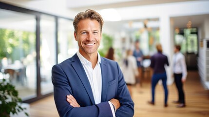 Portrait of a male real estate agent at a bustling real estate agency tirelessly matching clients with their dream homes - obrazy, fototapety, plakaty