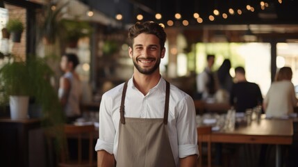 Fototapeta premium Portrait of a male resaurant server in a charming cafe managing multiple tables and providing excellent customer care