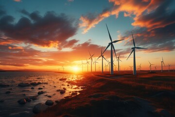 Obraz premium Silhouette of cloudy wind turbine mills, cloudy on the sky at sunset