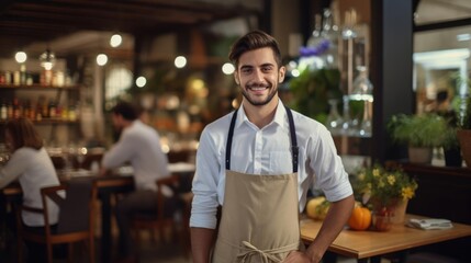 Fototapeta premium Portrait of a male resaurant server in a charming cafe managing multiple tables and providing excellent customer care