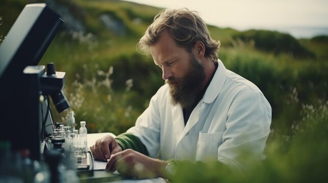 Portrait Of A Male Scientist At A Remote Research Station Studying Ecosystems And Biodiversity