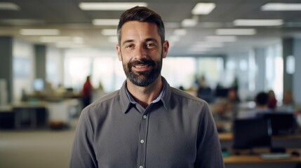 Portrait of a male social worker in a busy social services agency tirelessly advocating for vulnerable individuals and families