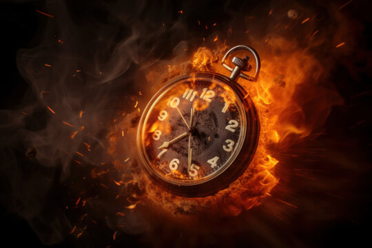 Conceptual image of a black alarm clock with large numbers on a dark background, surrounded by fiery particles, indicating pressure of approaching deadlines and the passing of time. Is AI Generative.