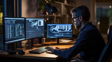 Portrait of a male software developer at his home office debugging intricate code