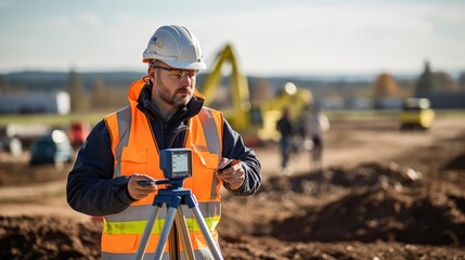 Portrait of a male surveyor at a construction site meticulously measuring and mapping terrain
