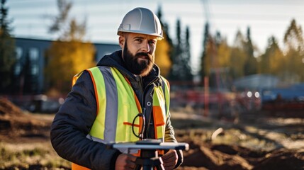 Obraz premium Portrait of a male surveyor at a construction site meticulously measuring and mapping terrain