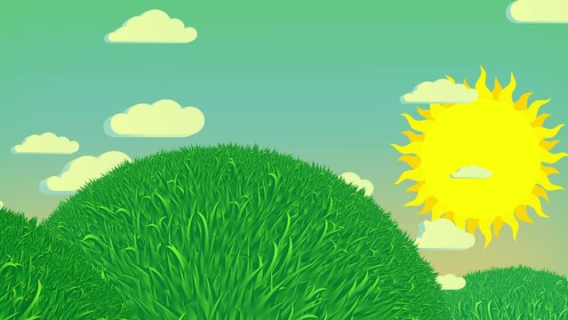 Landscape sunny empty for yellow cow character pasture. Seamless cute grass mountain with sky sun and clouds. Cute useful animation.