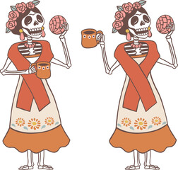 Skeleton Conchas and coffee, vector isolate illustration white background.