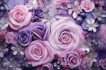 Floral backdrop with soft purple hues, roses, and gemstones. Digital artwork suitable for printing. Generative AI