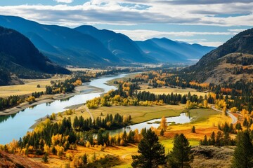 Panoramic view of the Clark Fork during the fall season. Generative AI