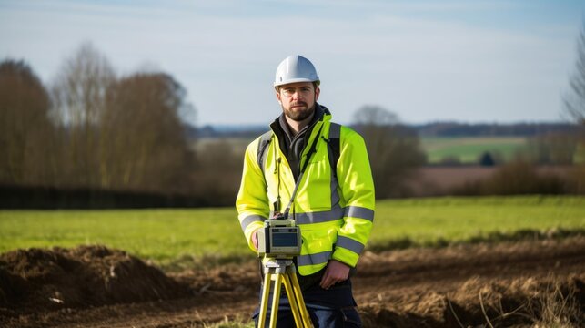 Portrait of a male surveyor in a rural landscape conducting land surveys