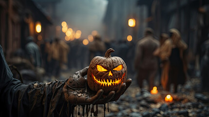 Zombie hand holding a devil pumpkin in abandoned city. Halloween and scary concept.