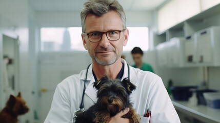 Portrait of a male veterinarian in a bustling animal clinic compassionately treating pets of all kinds