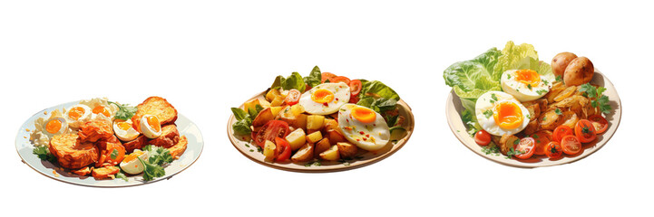 Morning meal with eggs potatoes and greens transparent background