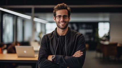 Portrait of a male web designer at a client presentation showcasing his latest web design project