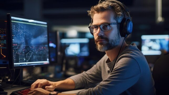 Portrait of a male video game developer in a bustling game development studio bringing virtual worlds to life