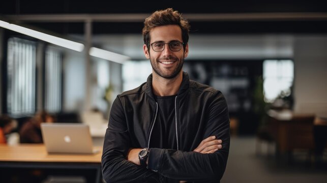 Portrait of a male web designer at a client presentation showcasing his latest web design project