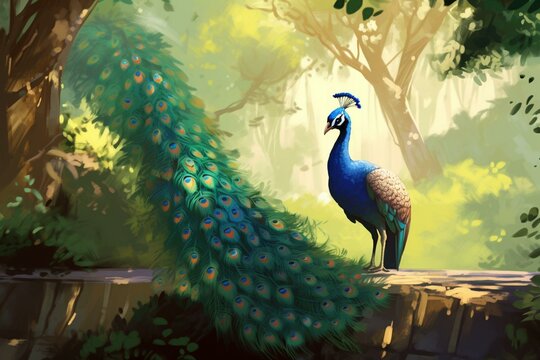 Digital painting of a peacock in a park. 2D illustration. Generative AI