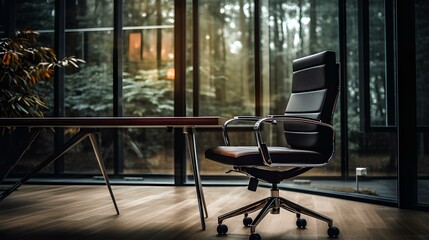 An empty office chair in a glass office, the concept of a vacancy and employment in the office.