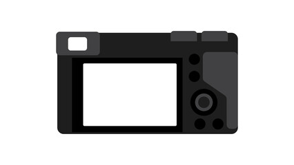 Digital camera with black screen on white background. png
