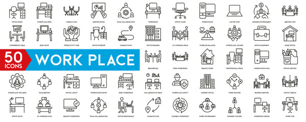 Fototapeta na wymiar Work place icon set. Containing briefcase, desk, computer, meeting, employee, schedule and co-worker symbol. Solid workspace icons vector collection.