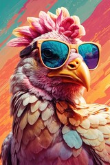 brightly colored bird with sunglasses and a pink flower on its head