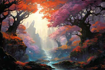 Artwork featuring enchanting trees and mystical landscape. Generative AI