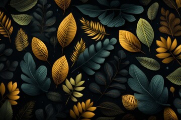 Tropical leaves in a bright coloured pattern on a dark background
