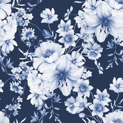 Seamless pattern with wild flowers in indigo tones - 644335593