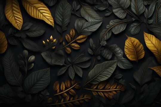 Tropical leaves in a bright coloured pattern on a dark background © dehrig