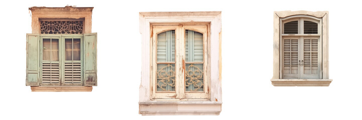 Shut vintage window of old house on older street in city center Ancient building in monochrome transparent background