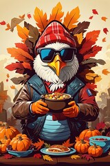 a cartoon of a turkey eating a bowl of food
