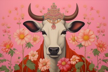 Gorgeous Pichwai cow painting with lotus and pink background. Generative AI
