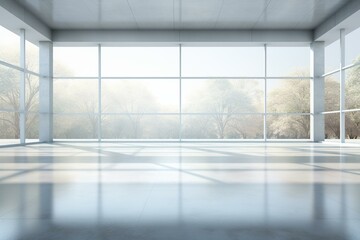 Empty area filled with light and large transparent window. Generative AI