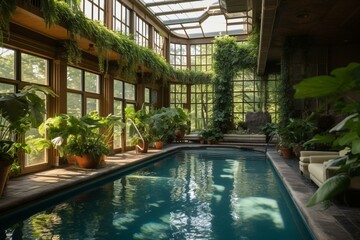 An indoor pool amidst greenery and sunlight. Generative AI