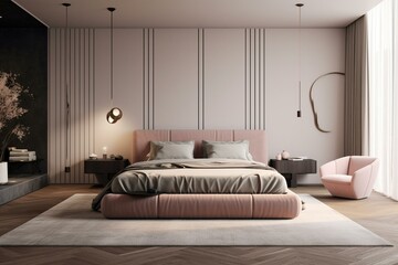 Bedroom with a wide, soft pink bed and interior featuring soothing olive tones. Generative AI