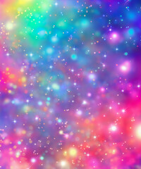 Fototapeta premium Fantasy background. Holographic illustration in pastel colors. Bright multicolored sky with stars and bokeh.