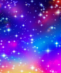 Obraz premium Fantasy background. Holographic illustration in pastel colors. Bright multicolored sky with stars and bokeh.