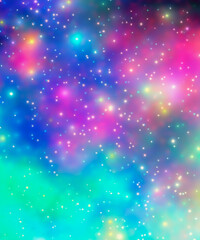 Fantasy background. Holographic illustration in pastel colors. Bright multicolored sky with stars and bokeh.