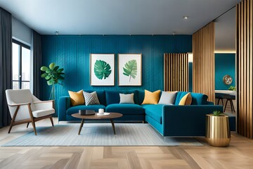 Fototapeta na wymiar modern living room blue themed generated by ai