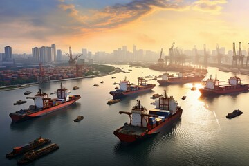 Fototapeta na wymiar Numerous cargo vessels entering bustling Singapore port. Generative AI