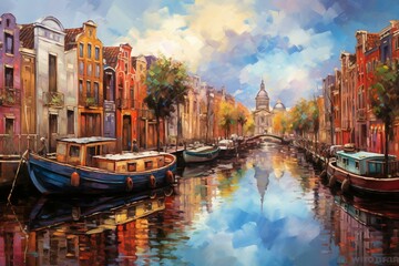 Vibrant oil painting of Venice and Amsterdam: boats, canals, and houses, reflecting an amalgamation of impressionism and expressionism styles. Generative AI
