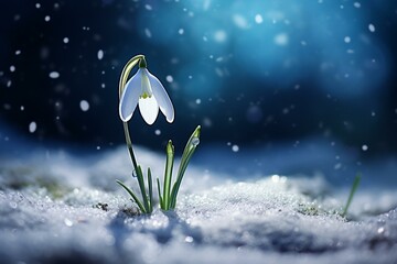A snowdrop flower emerges gracefully amidst the snow. Generative AI