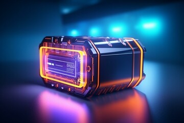 Futuristic energy storage with high-capacity rechargeable lithium-ion battery in a glowing power neon light. Future electric vehicle concept. Generative AI