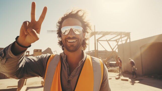 Construction engineer showing the victory sign at construction site