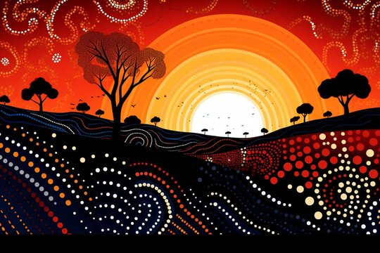Illustration inspired by Aboriginal dot painting style depicting a desert landscape. Generative AI