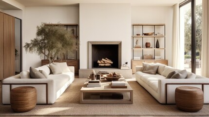 modern california living room designed with lots of rich earthy tones - obrazy, fototapety, plakaty
