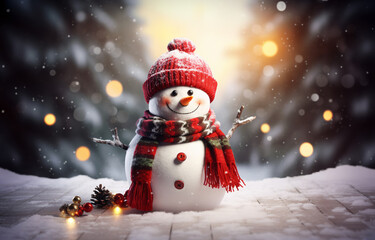 Fototapeta premium 3d illustration of cute happy snowman in red pom pom hat with scarf and ornaments and pine near by in snowfall with bokeh light background